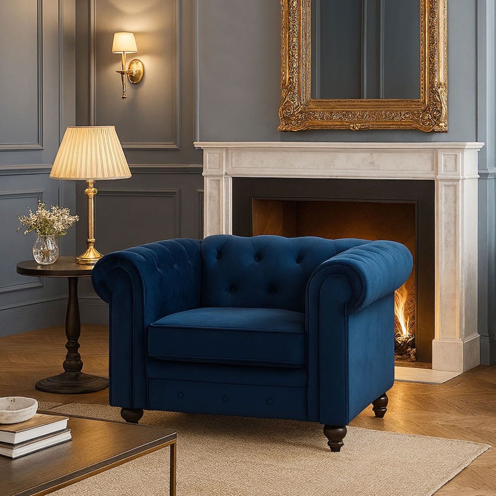 Großer Chesterfield Sessel - Sessel mit blauem Samtbezug -