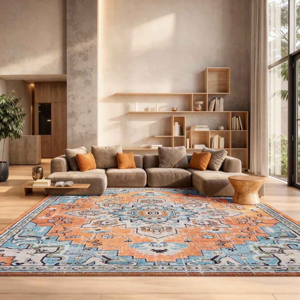 Tapis bohème en polypropylène orange/bleu, 160 x 229 cm — vue 3