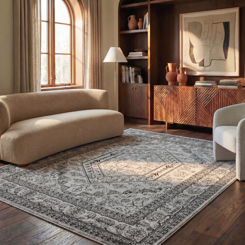 Safavieh Medaillon Polypropylen-Teppich in Silber/Schwarz, 155 x 229 cm style classic chic Schwarz Pp - Polypropylen