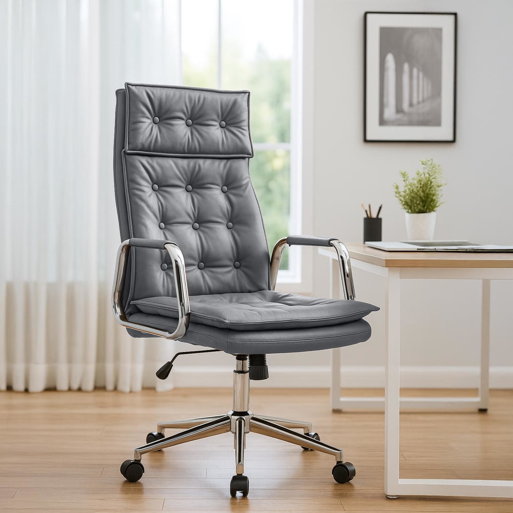 CLP Bürostuhl höhenverstellbar drehbar aus Echtleder grau style modern - -