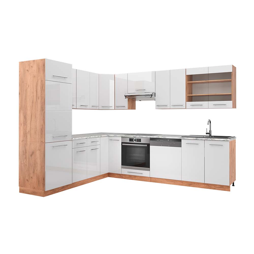Vicco Eckküche, AP Marmor Weiß Hochglanz/Goldkraft Eiche 287x81.6cm style modern Weiß Spanplatte