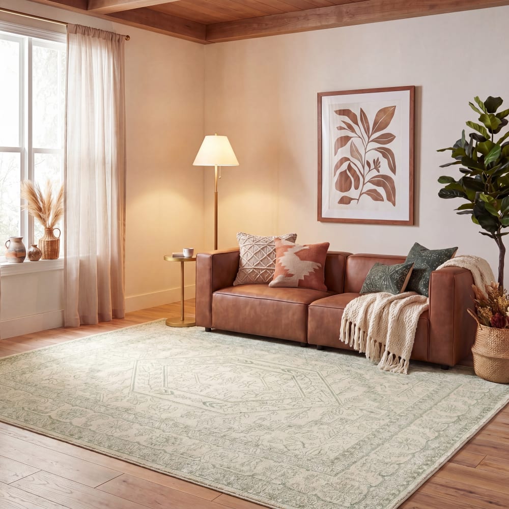 Medaillon Polypropylen-Teppich in Grün/Weiß, 155 x 229 cm -