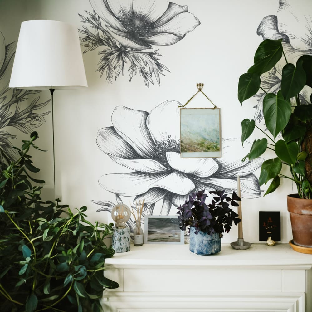 Acte Deco Panoramatapeten Anemonen - Blumengravur, Schwarz 225 x 250cm style modern Schwarz Öko-Tex Zertifikat Papier