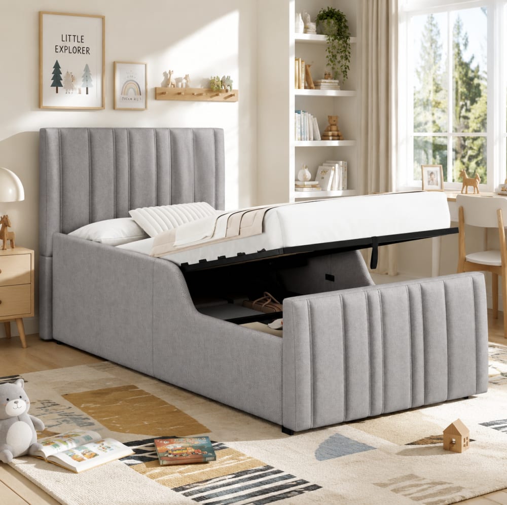 MODFU Polsterbett Kinderbett 90x200 mit Stauraum Lattenrost Leinen Grau style modern GRAU LEINEN Baby