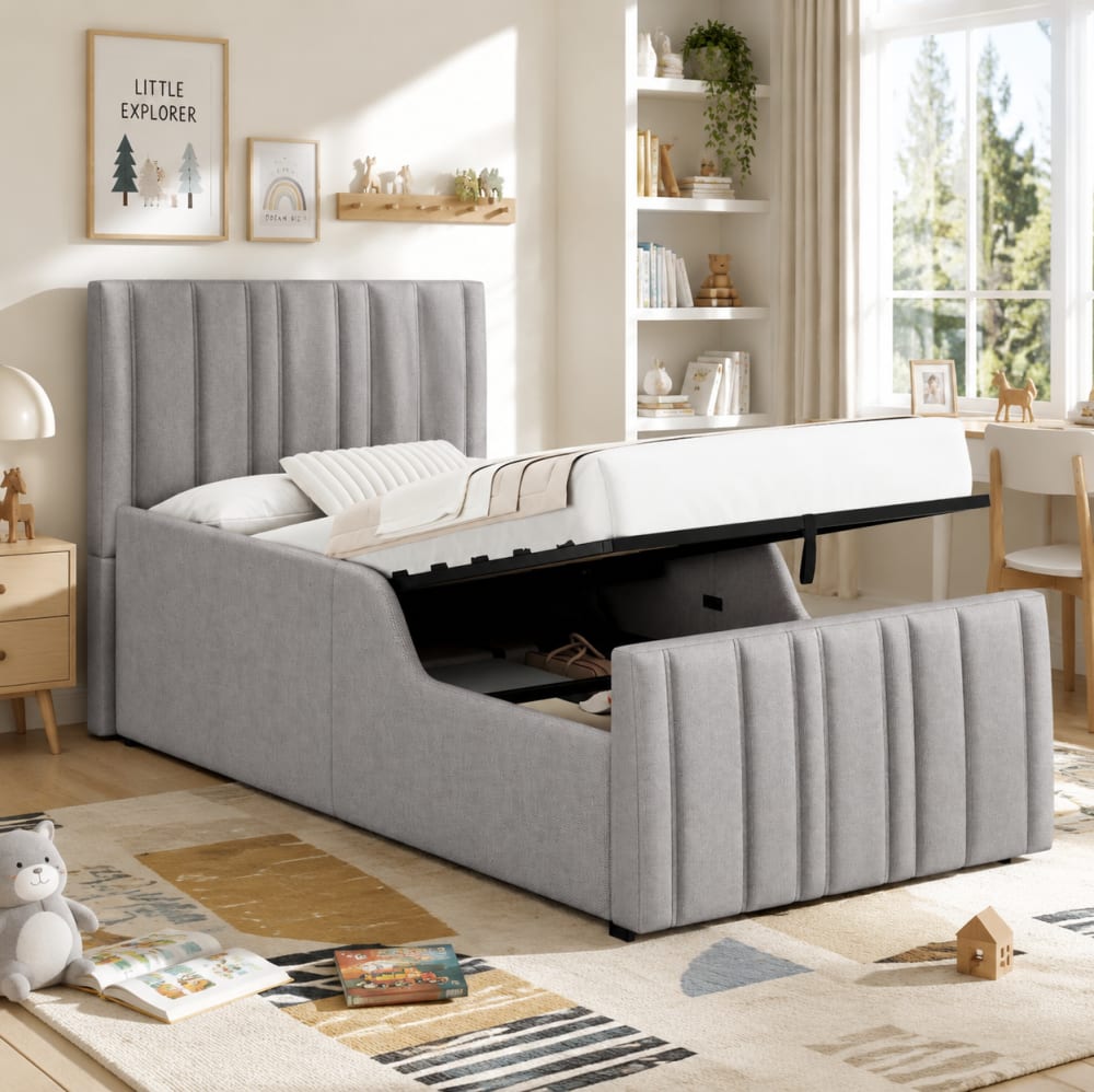 Polsterbett Kinderbett 90x200 mit Stauraum Lattenrost Leinen Grau