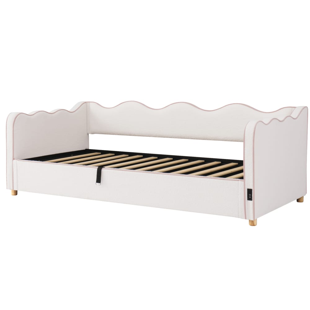 Polsterbett 90x200 mit Stauraum, USB, Type-C & Rückenlehne Beige