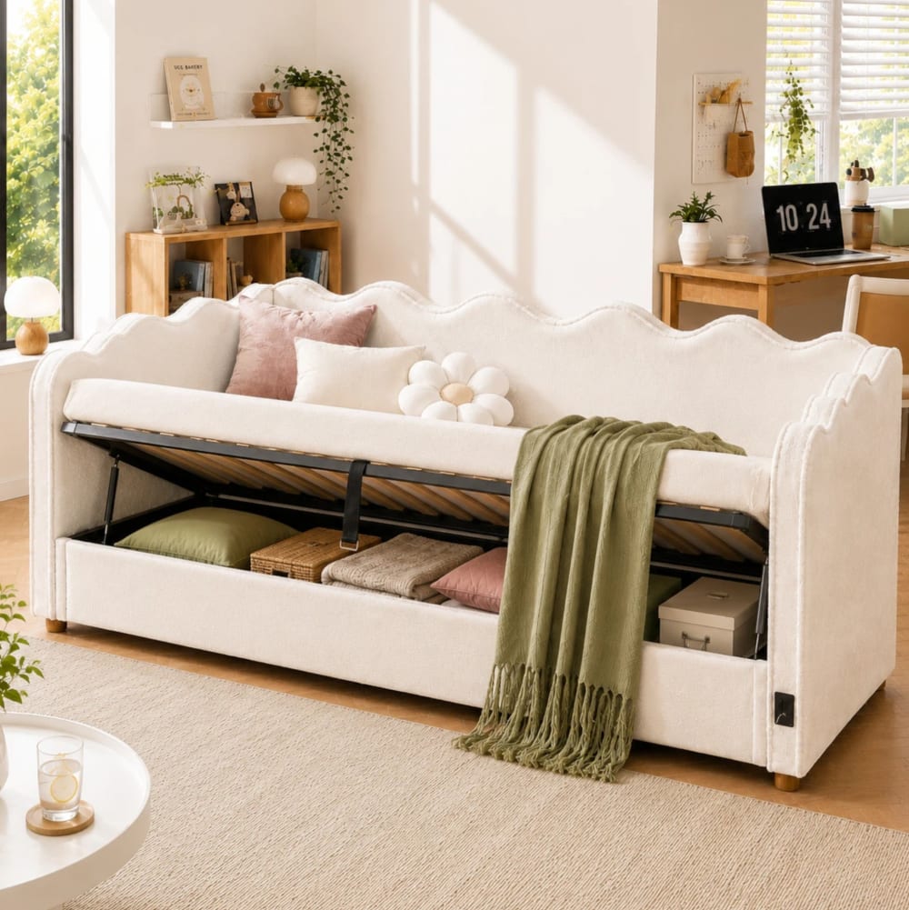 MODFU Polsterbett 90x200 mit Stauraum, USB & Rückenlehne Samt Beige style modern BEIGE SAMT Baby