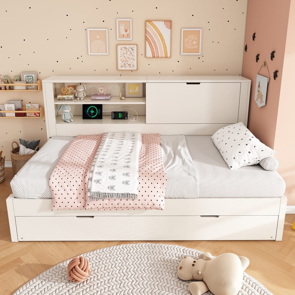 Schlafsofa 90x200 mit Ausziehbett Stauraum USB Holz Weiß -