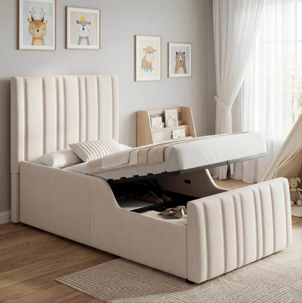 Polsterbett Kinderbett mit Stauraum und Lattenrost 90x200 Beige -