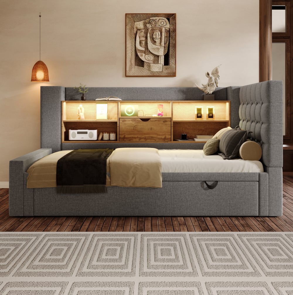 MODFU Polsterbett 90x200 mit Ausziehbett, LED, Stauraum, Leinen, Grau style modern GRAU LEINEN Baby