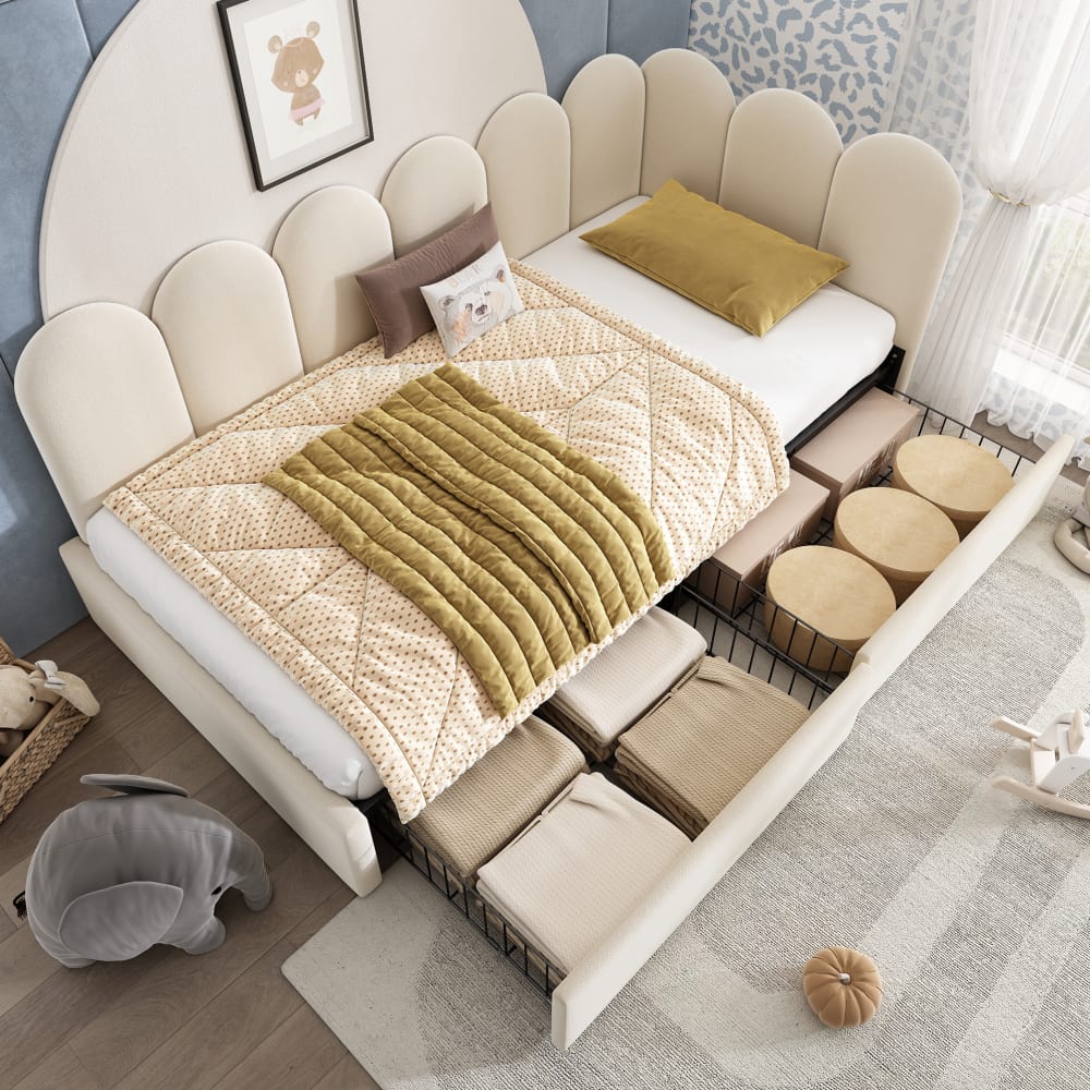 MODFU Polsterbett mit 2 Schubladen und Lattenrost 90x200 Beige style modern BEIGE SAMT Baby