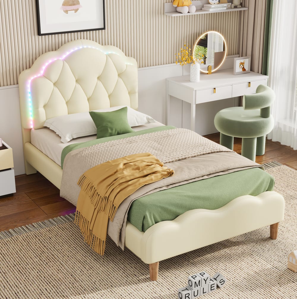 MODFU Polsterbett Kinderbett mit LED Wellenkopfteil PU 90x200 Beige style modern BEIGE LEDER Baby