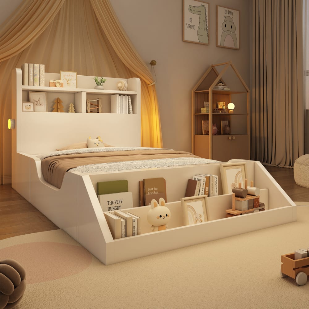 Einzelbett 90x200 cm mit Nachtlichtern und Bücherregal Weiß -