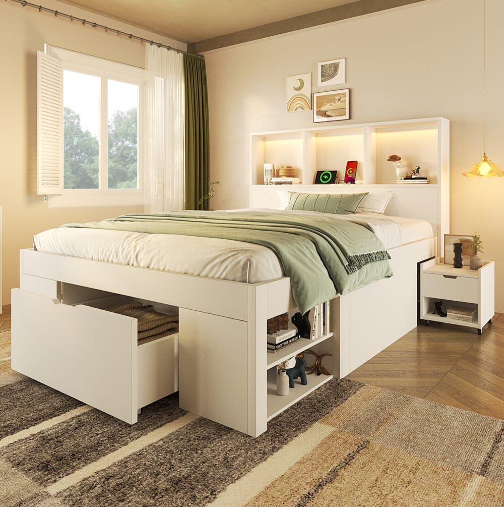 Funktionsbett 90x200 cm Weiß mit Stauraum, LED, USB-C Nachttisch