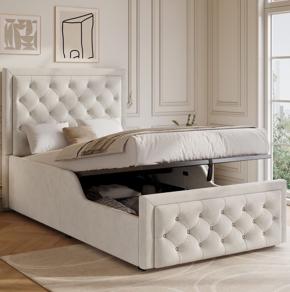Polsterbett Kinderbett mit Stauraum Lattenrost 90x200 Beige -