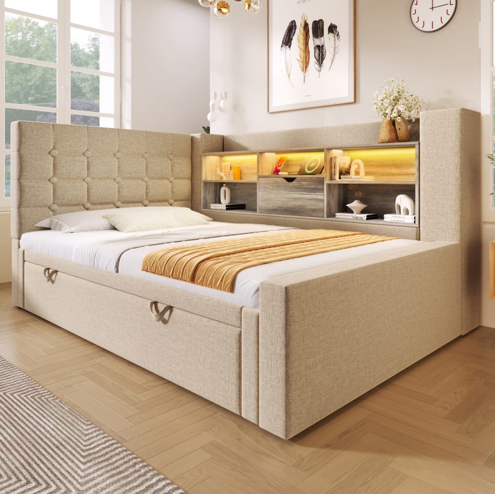 MODFU Polsterbett 90x200 cm mit Ausziehbett, LED, Stauraum, Beige style modern BEIGE LEINEN Baby