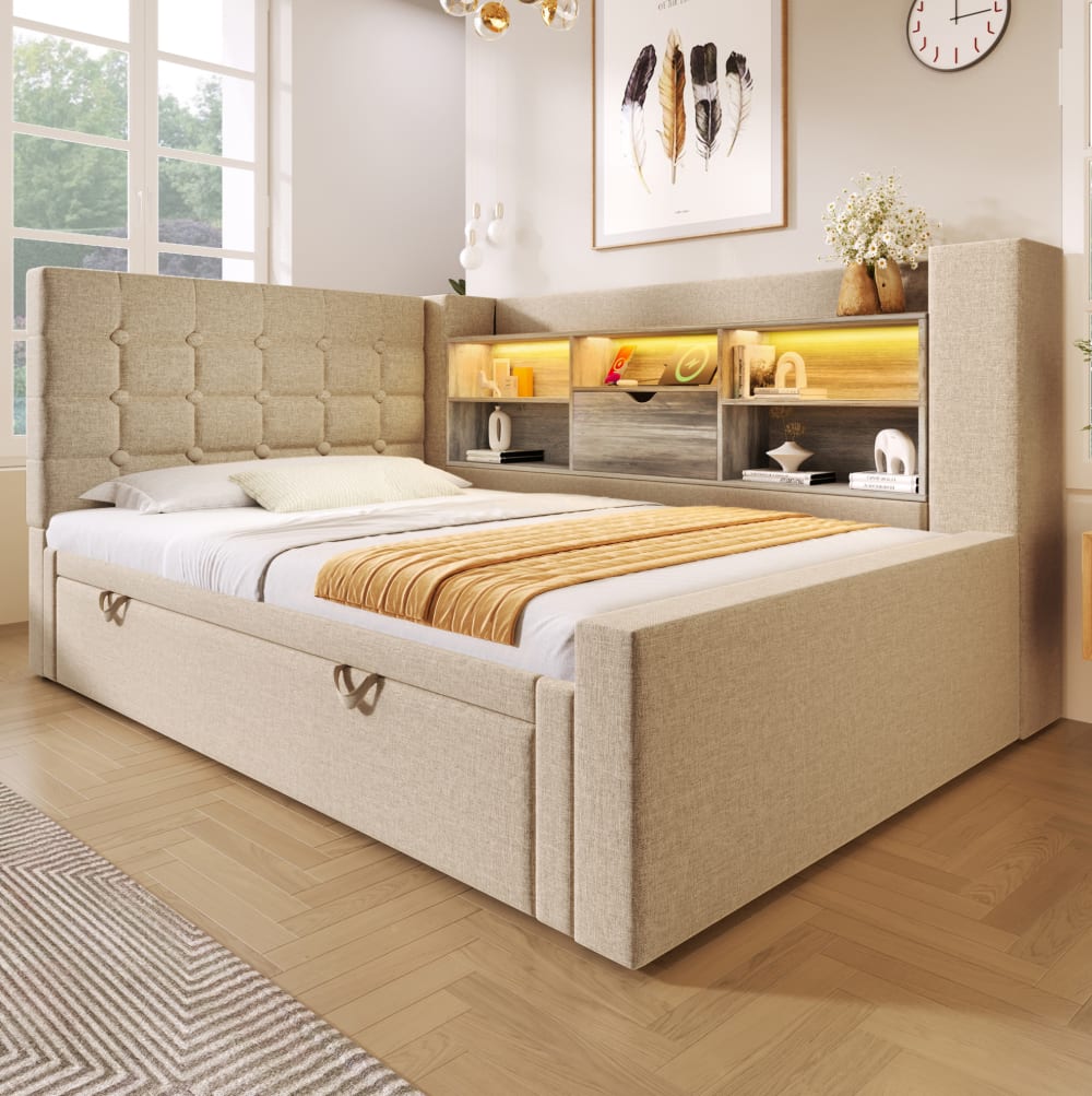 Polsterbett 90x200 cm mit Ausziehbett, LED, Stauraum, Beige -