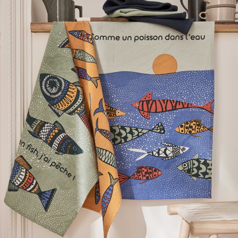 Set de 3 torchons motifs poisson coton bleu 50x70 cm