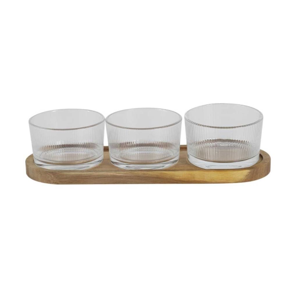 Set  apéritif acacia avec 3 coupelles en verre