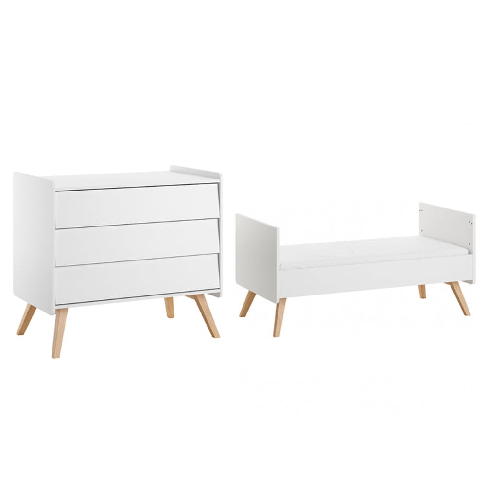 Lit évolutif 70x140 et commode panneaux stratifiés blanc
