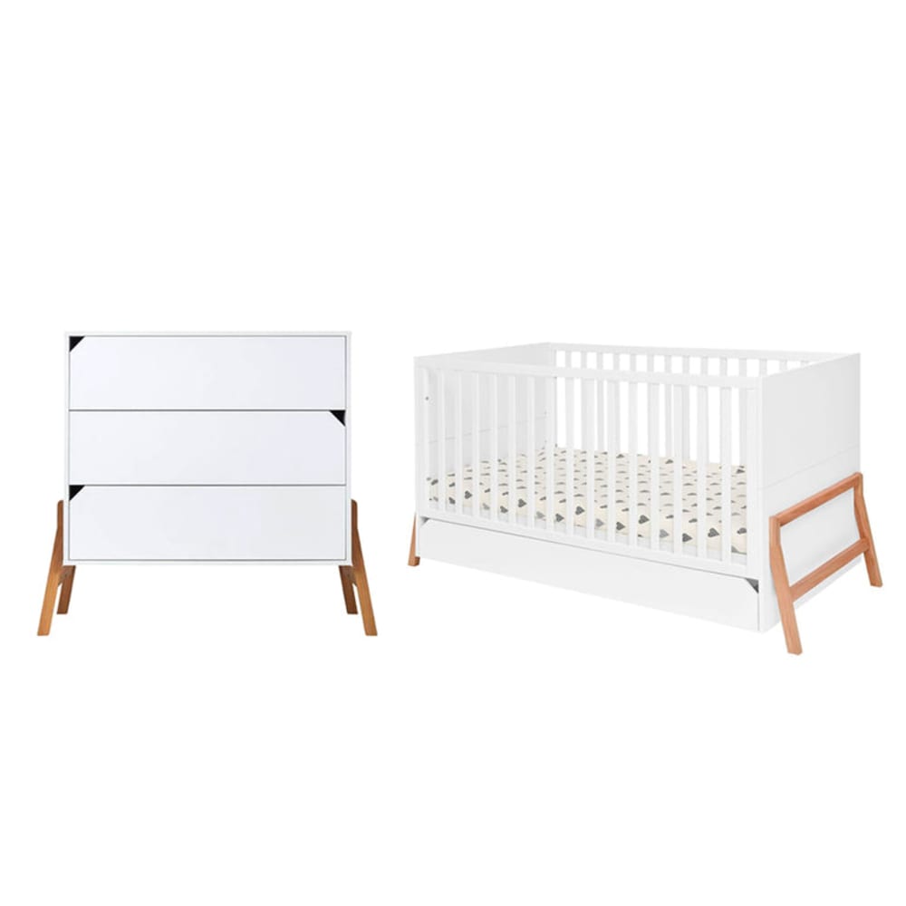 Lit évolutif 70x140 et commode panneaux mdf et stratifiés blanc