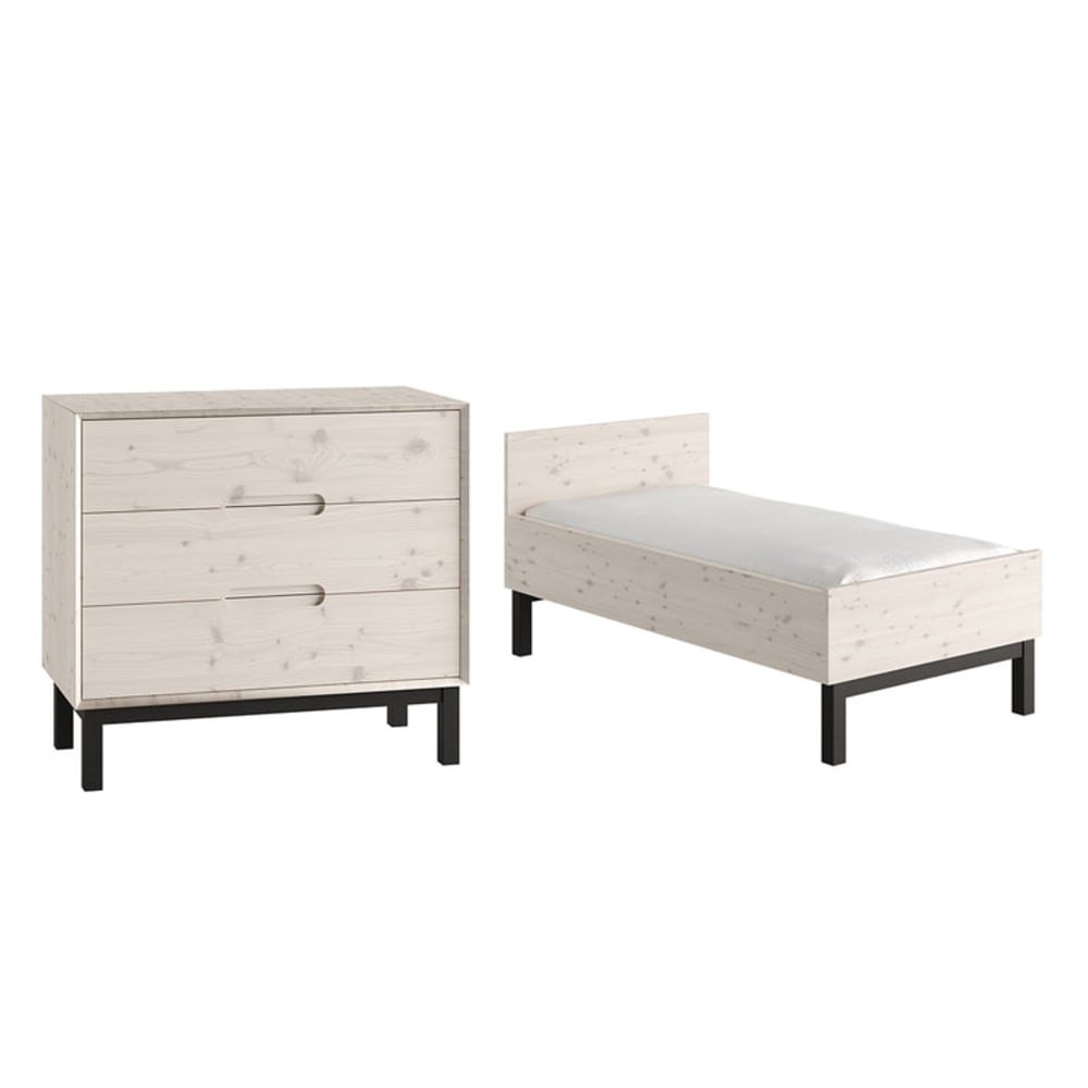 Lit évolutif 70x140 et commode bois de pin blanc