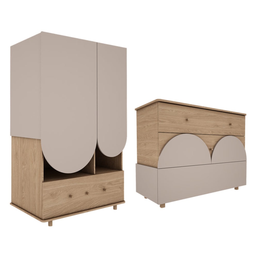 Commode 3 tiroirs et armoire 2 portes panneaux stratifiés beige Commode 3 tiroirs et armoire 2 portes panneaux stratifiés beige