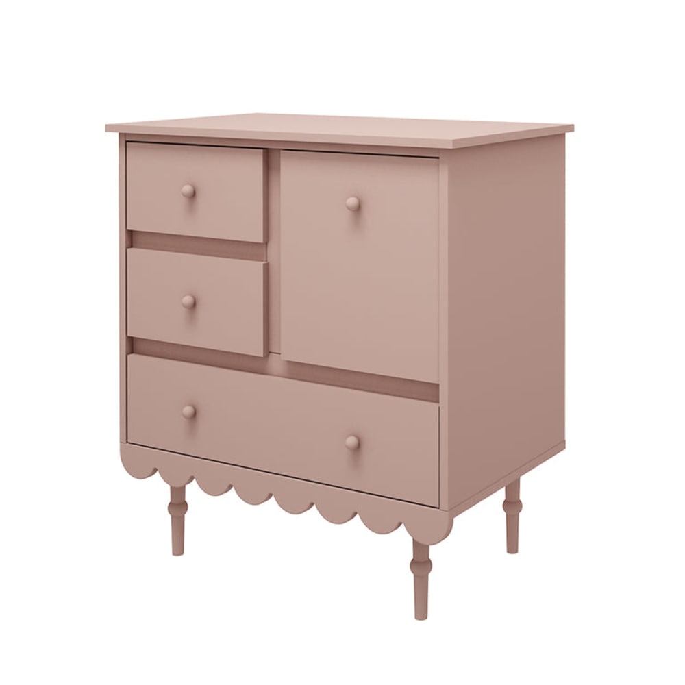 Commode 3 tiroirs 1 porte panneaux stratifiés rose Commode 3 tiroirs 1 porte panneaux stratifiés rose