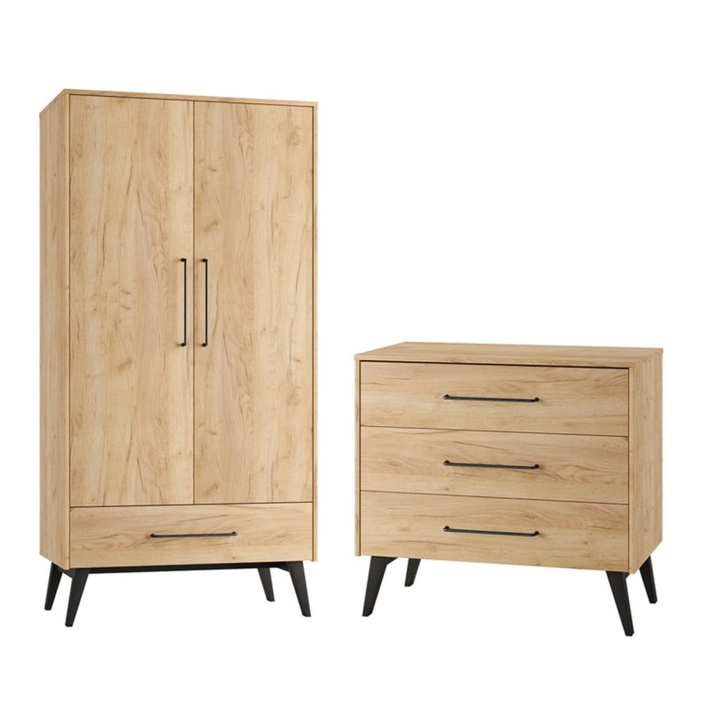 Commode 3 tiroirs et armoire 2 portes panneaux stratifiés marron Commode 3 tiroirs et armoire 2 portes panneaux stratifiés marron