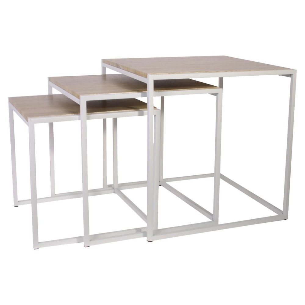 Lot  de 3 tables gigognes carrées effet bois et métal blanc