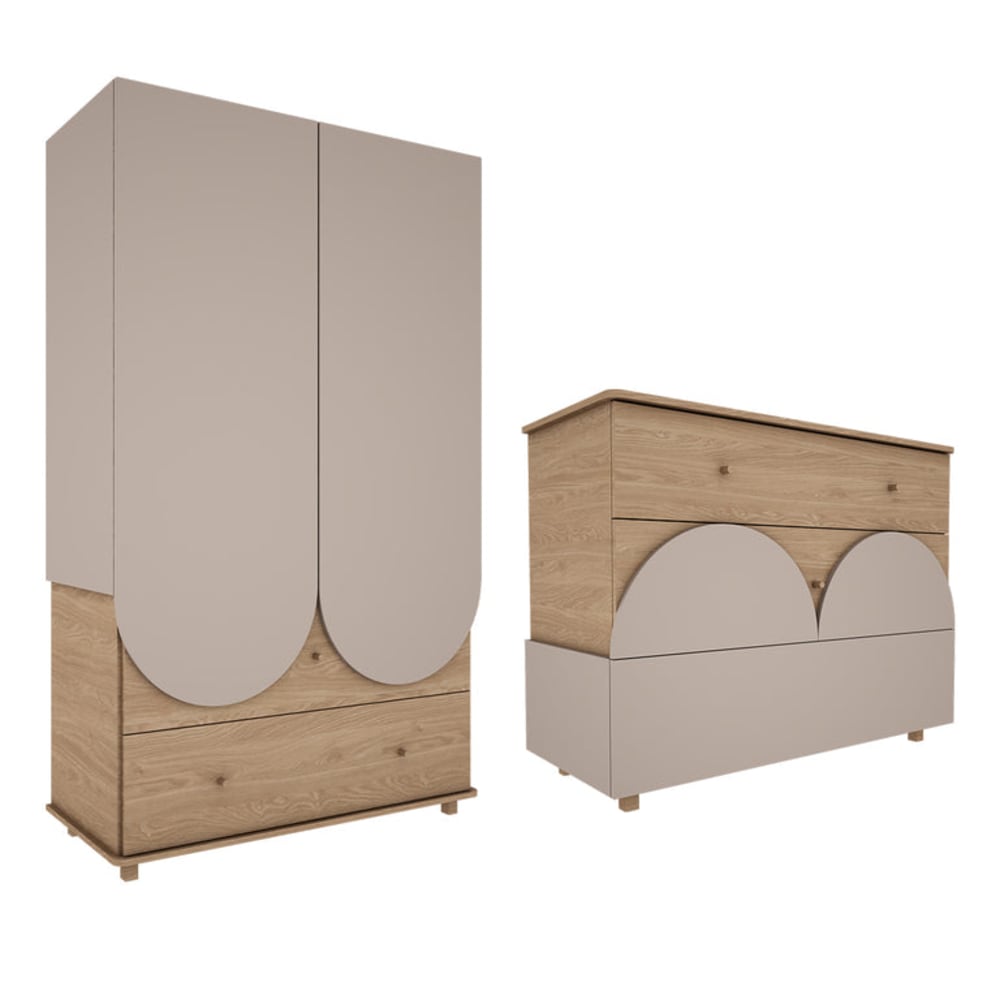 Commode 3 tiroirs et armoire 2 portes panneaux stratifiés beige Commode 3 tiroirs et armoire 2 portes panneaux stratifiés beige