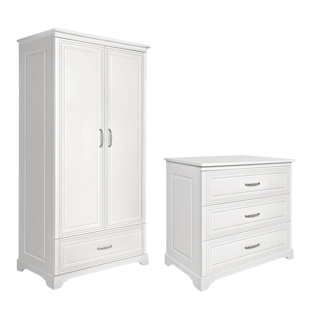 Commode 3 tiroirs et armoire 2 portes panneaux mdf blanc