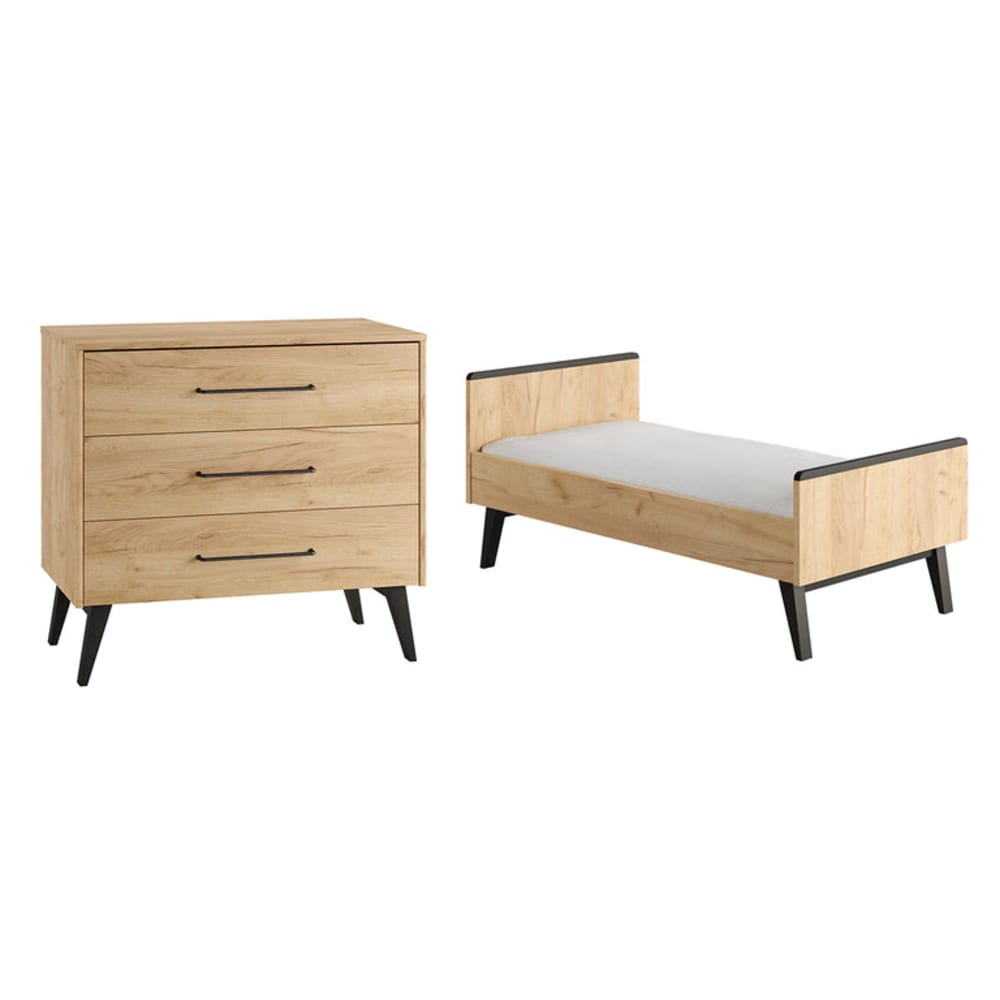 Lit évolutif 70x140 et commode panneaux stratifiés marron