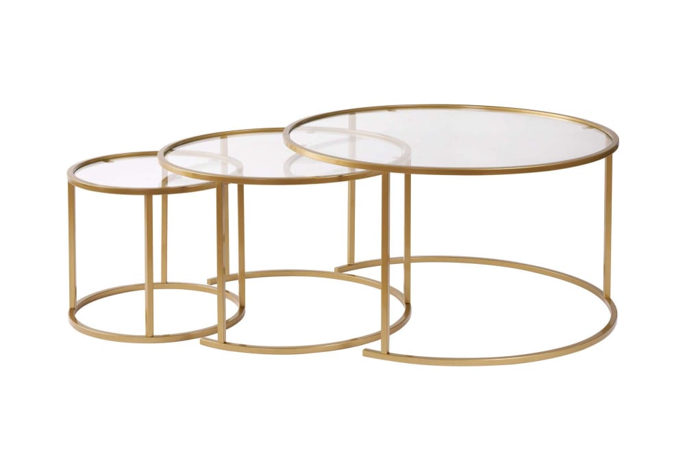 Lot de 3 tables gigognes métal or verre transparent
