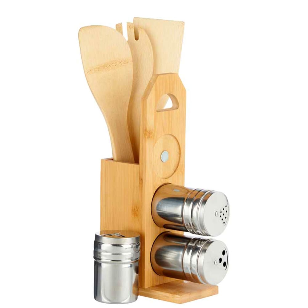 Set de 3 ustensiles de cuisine + 3 pots épices avec support bambou