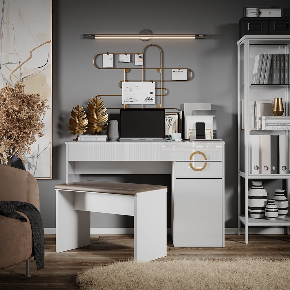 Bureau avec 3 tiroirs blanc haute brillance 115x76.4cm