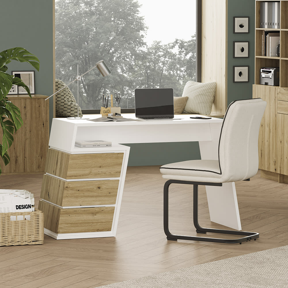 Bureau avec 3 tiroirs blanc/chêne 105x75cm