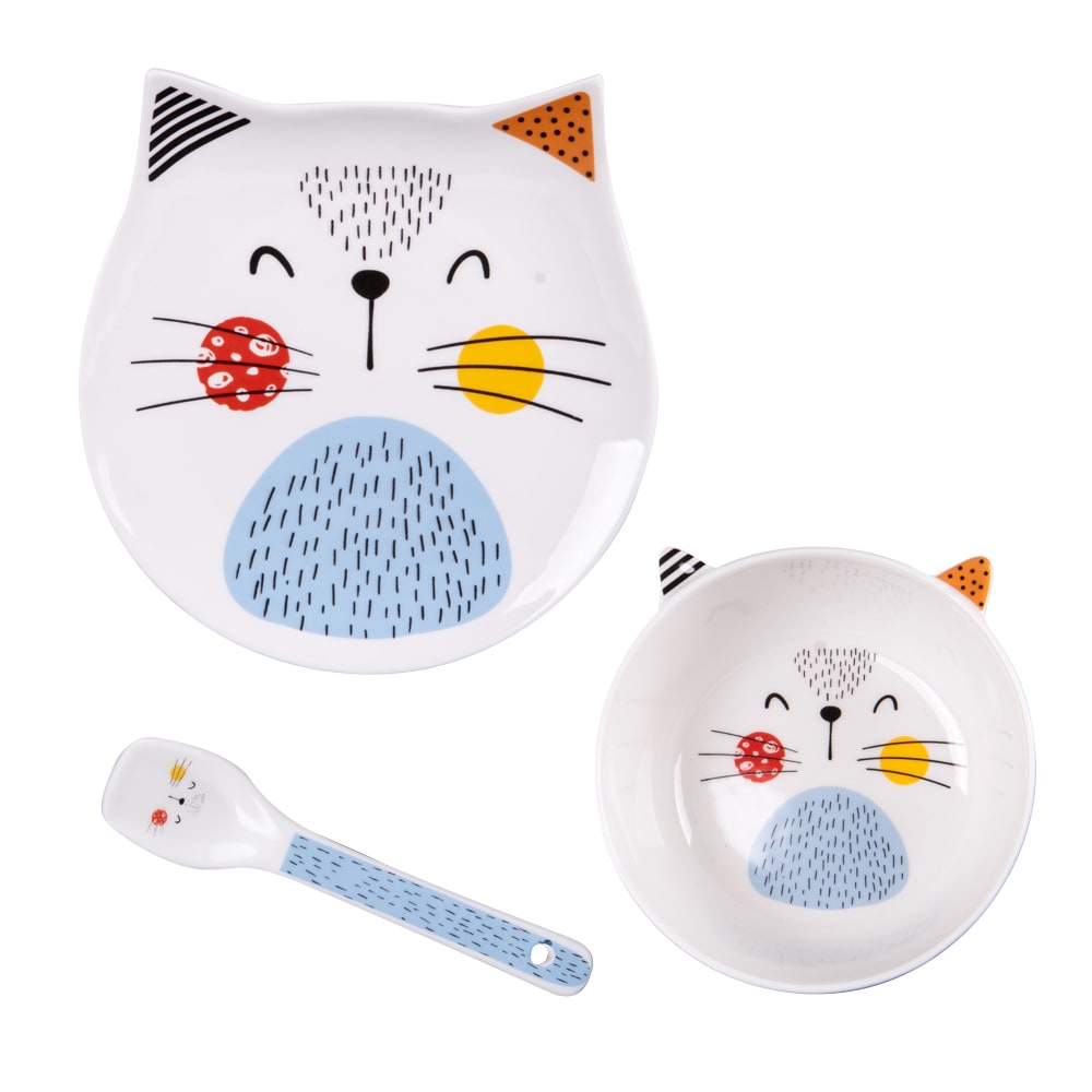Service 3 pièces chat blanc en porcelaine