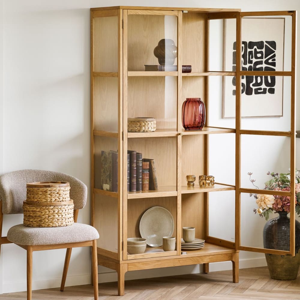 Vitrine 2 portes 3 étagères en chêne et mdf placage chêne