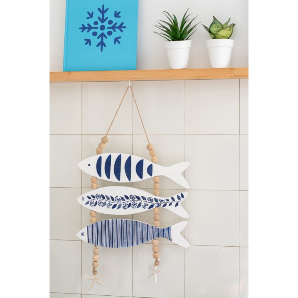 Suspension décorative de poisson en bois bleu 32.5x2x53 cm — vue 3