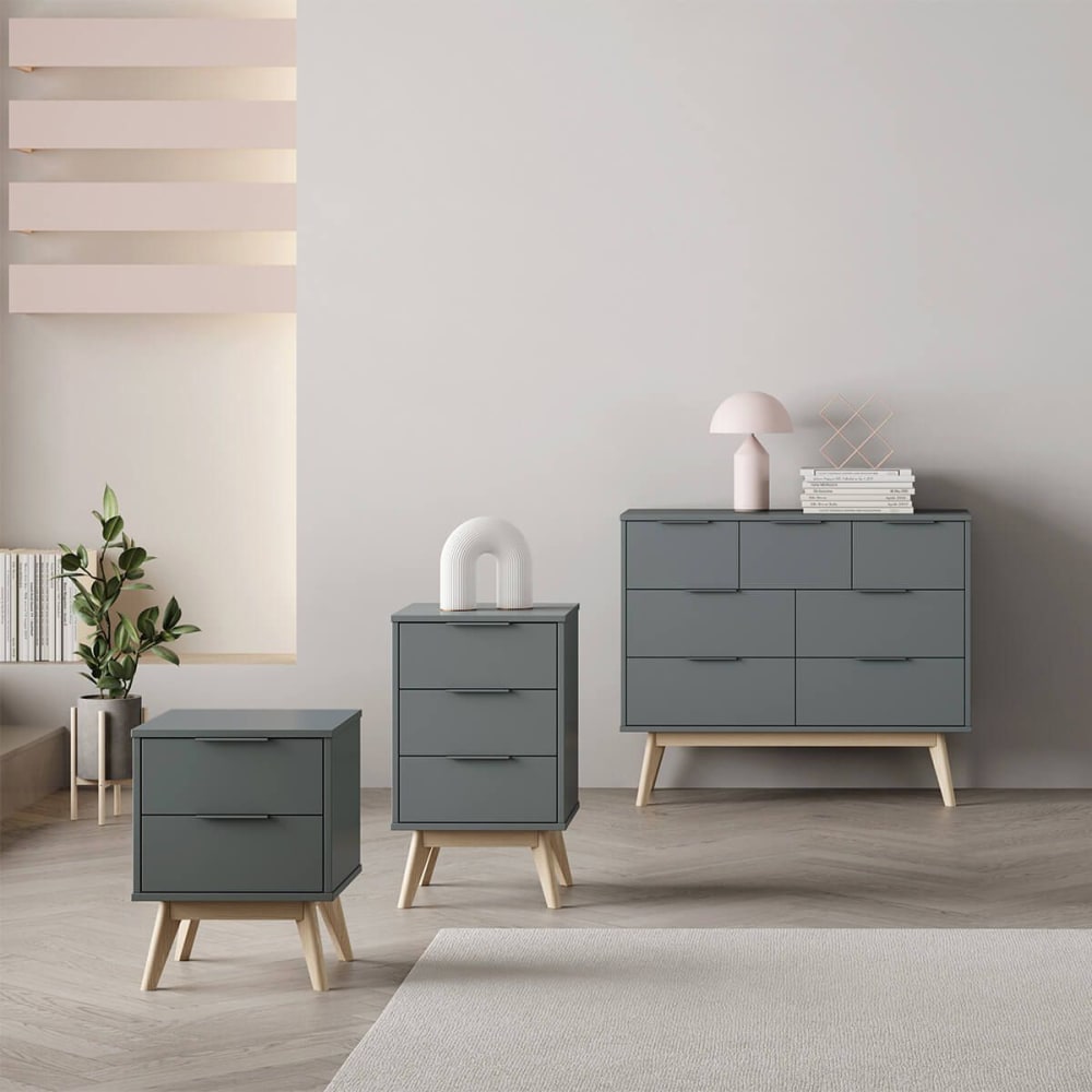 Chevet  3 tiroirs scandinave mdf et pin massif gris vert