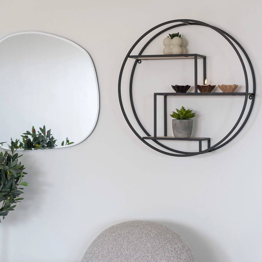 Etagère  murale circulaire 3 plateaux acier noir et bois massif