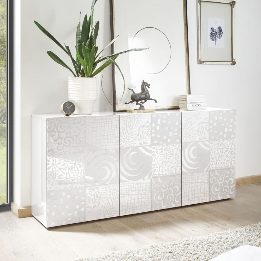 Buffet  3 portes blanc laqué sérigraphies multi-motifs