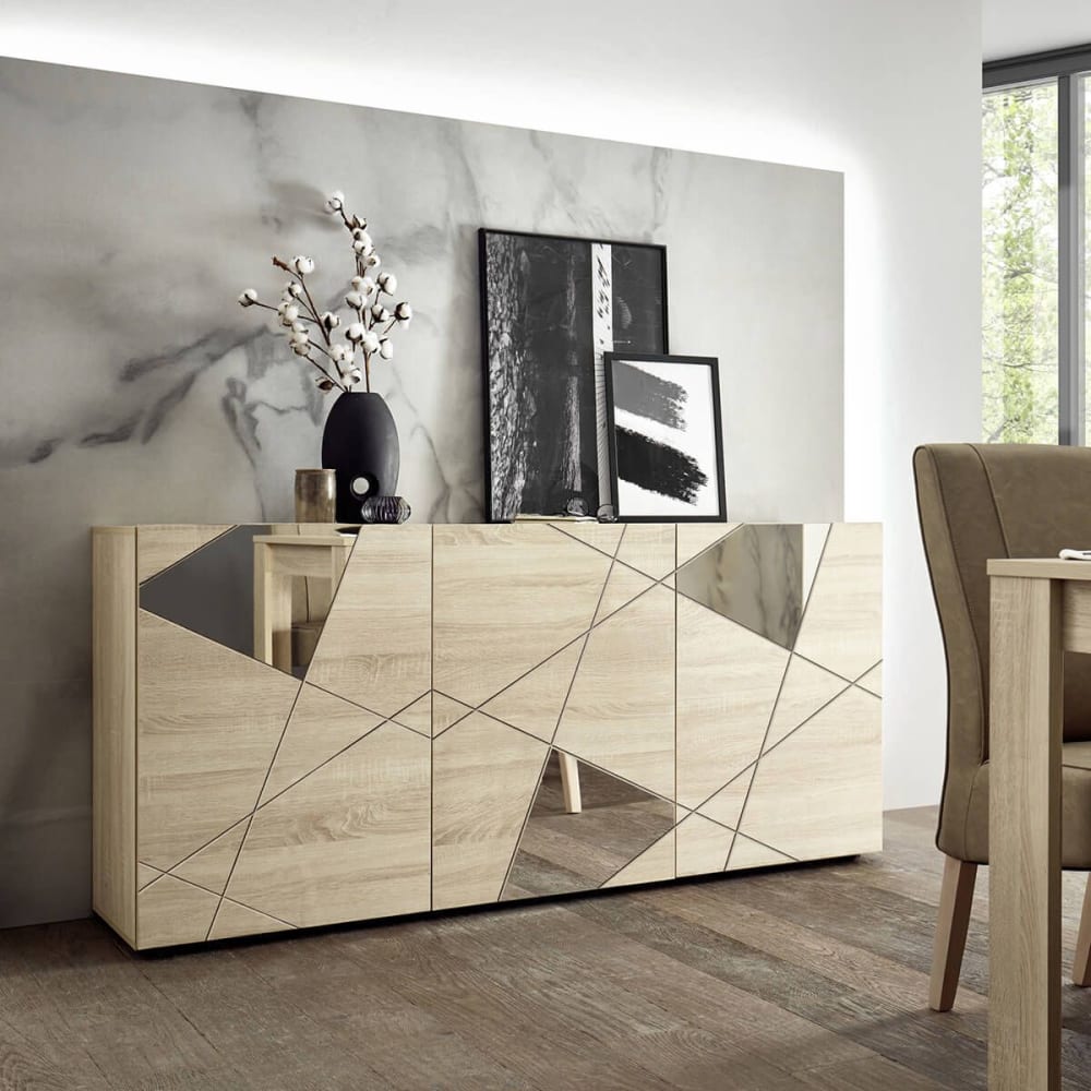 Buffet  3 portes finition bois samoa avec sérigraphies et miroirs