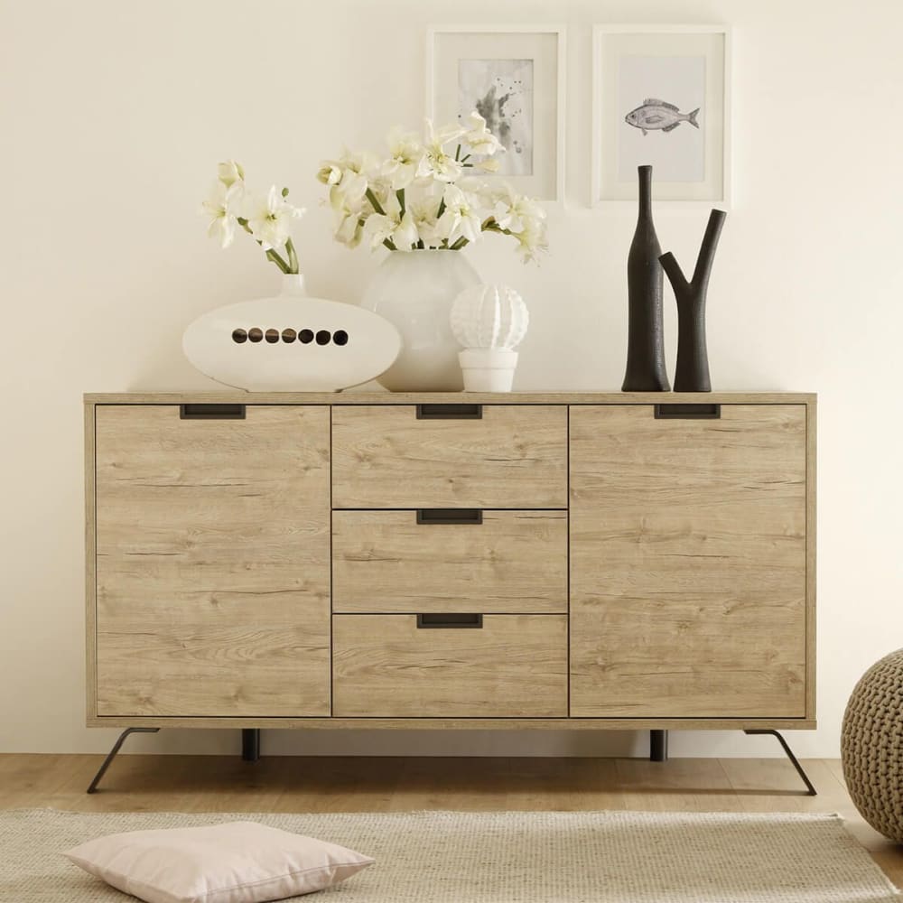 Buffet 2 portes 3 tiroirs aspect bois pieds métal gris foncé