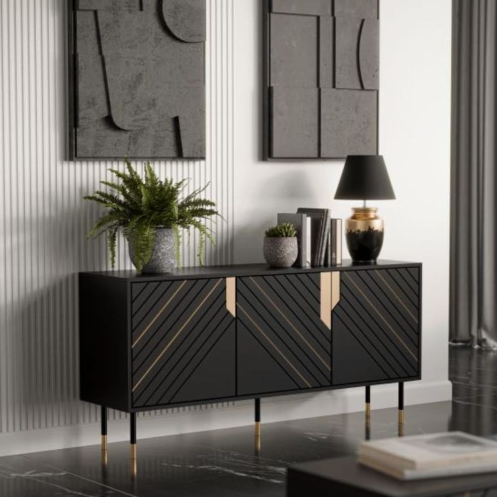 Buffet 3 portes design noir et doré  154cm