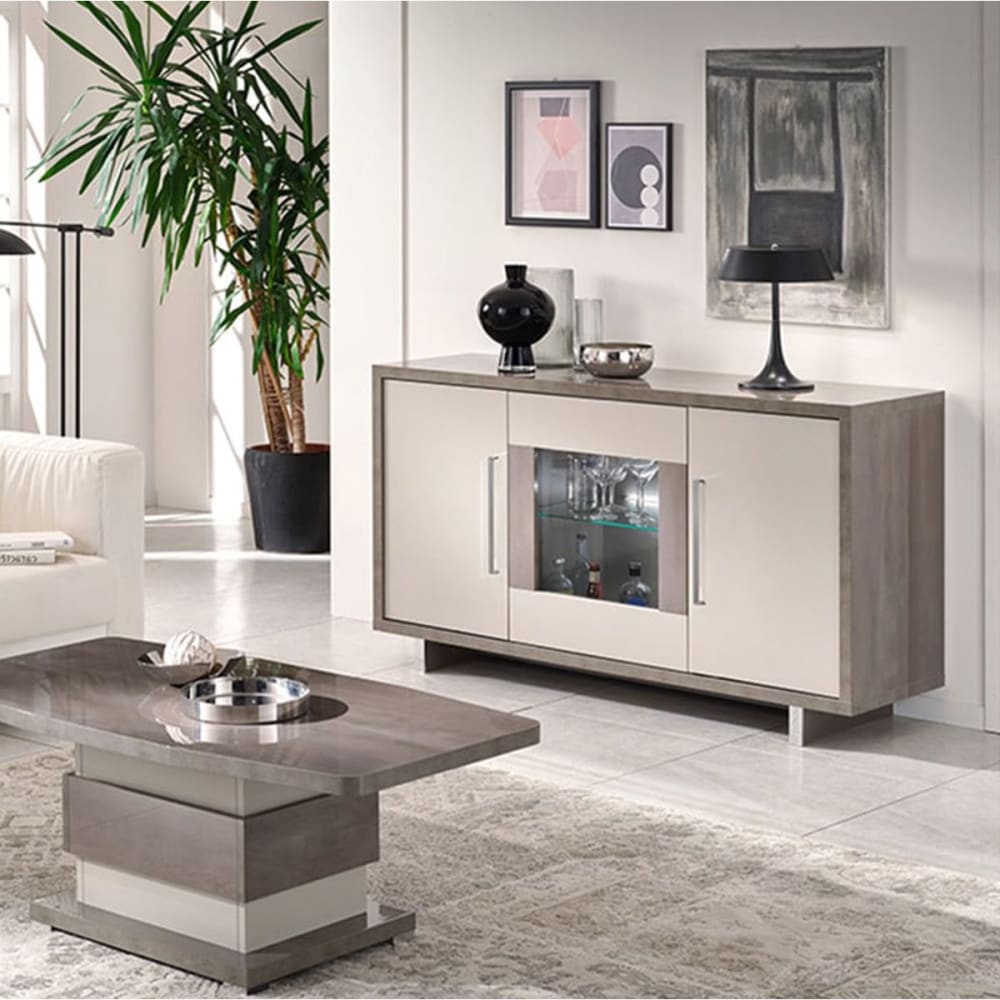 Buffet  3 portes gris acier metallisé et gris mat avec leds