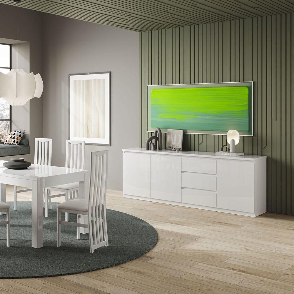 Buffet  3 portes 3 tiroirs laqué blanc brillant
