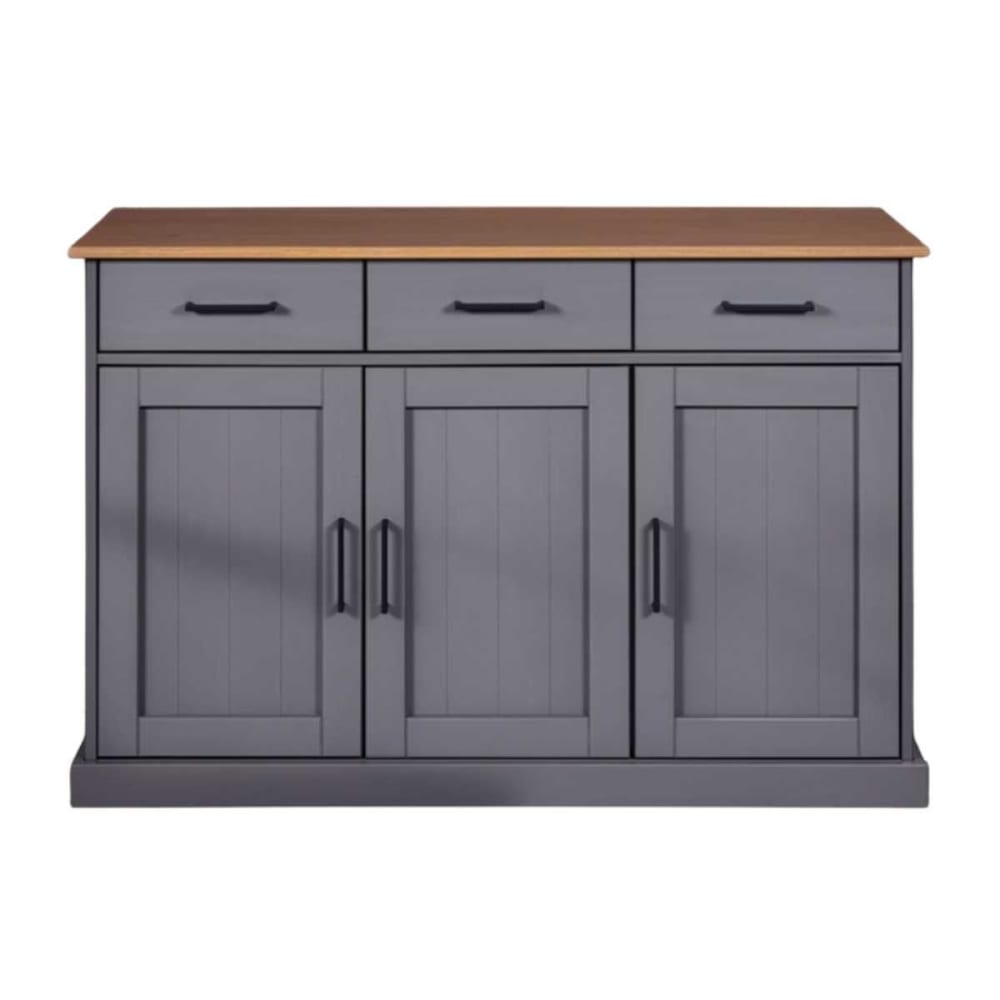 Buffet 3 portes 3 tiroirs pin massif teinté gris plateau teinté chêne