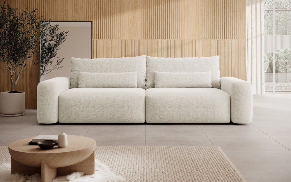 3-Sitzer Schlafsofa, cremefarbener Chenille-Stoff, schwarze Beine